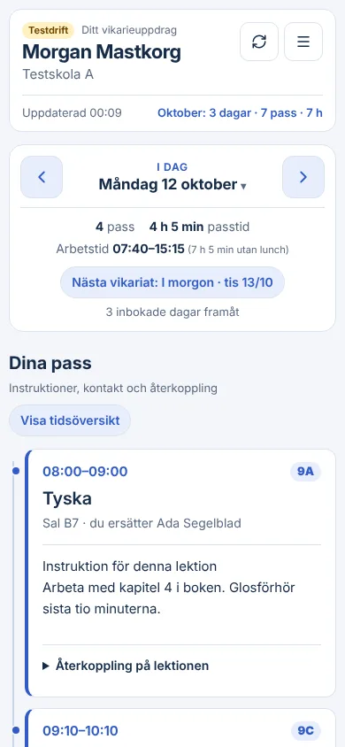 Vikariens vy i mobilen med dagens pass och lärarens instruktion.